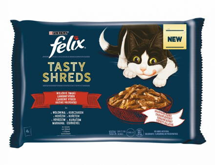 FELIX kapsička TASTY SHREDS hovädzie/kura v šťave 4 x 80 g